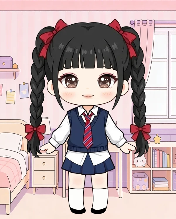 러블리 양갈래 땋은머리 하이틴 교복 코디