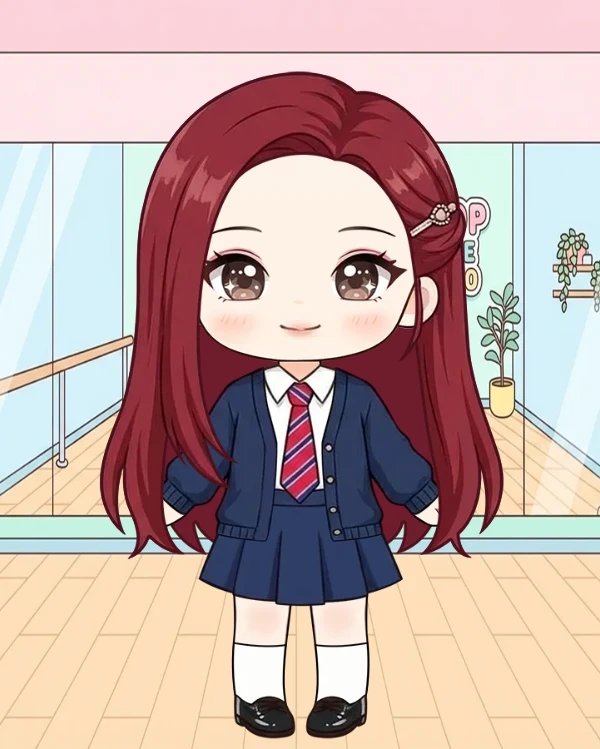 우아한 레드 와인 헤어 가디건 스쿨룩