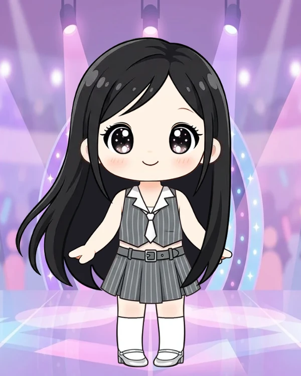 화려한 흑발 생머리 아이돌 무대 의상