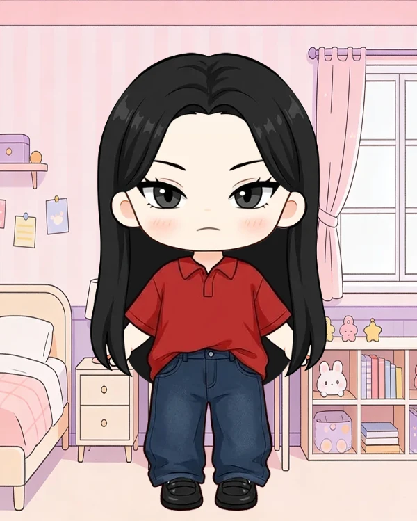 힙한 긴 생머리 레드 카라티 캐주얼룩