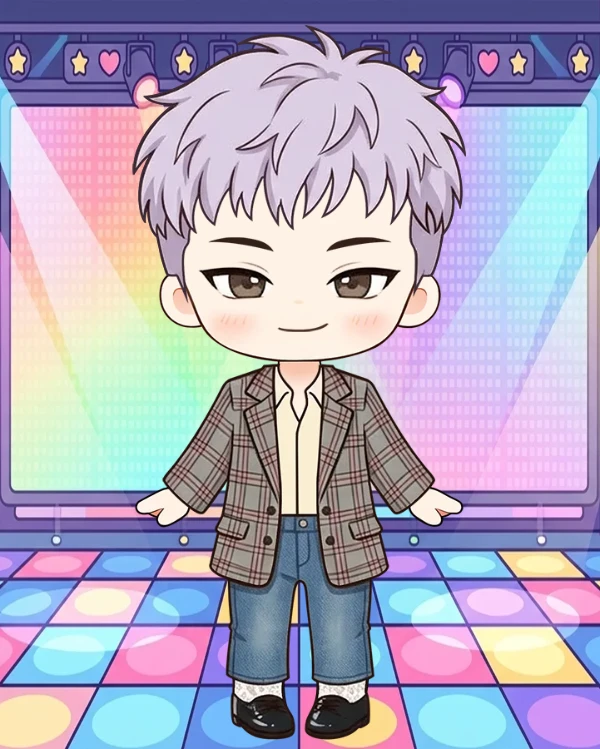 유니크한 퍼플 투블럭 체크 자켓 코디