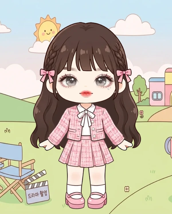 귀여운 핑크 트위드 셋업 아이돌 드라마 촬영 패션