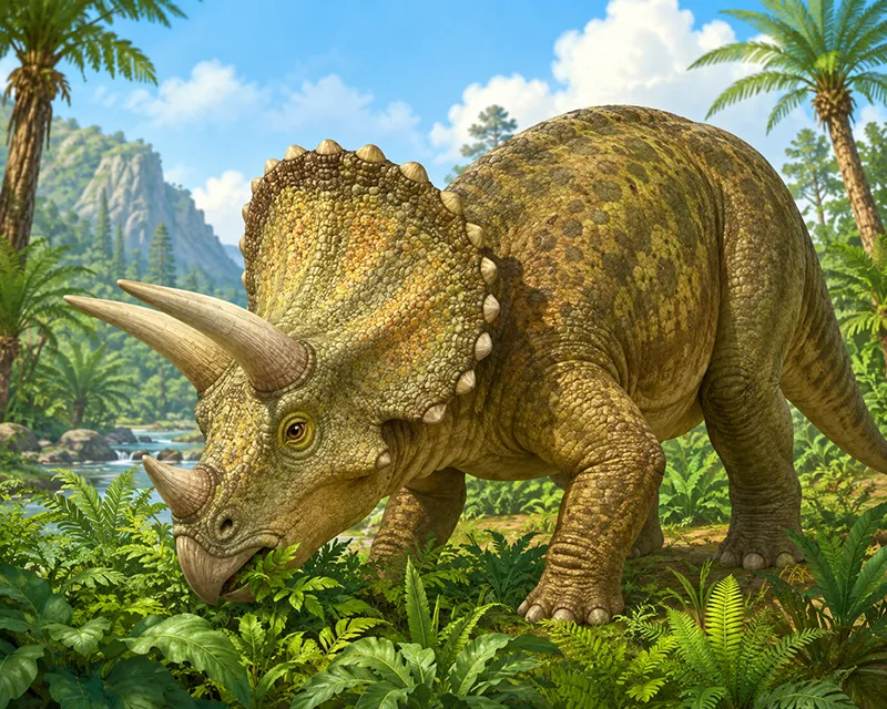 A peaceful Triceratops eating low plants and leaves
