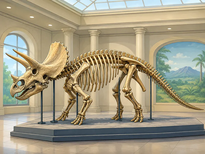 An educational illustration of a Triceratops skeleton displayed in a museum