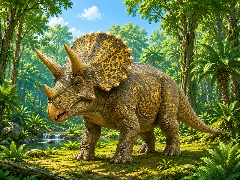 A Triceratops with three horns and a large frill standing in a green prehistoric forest