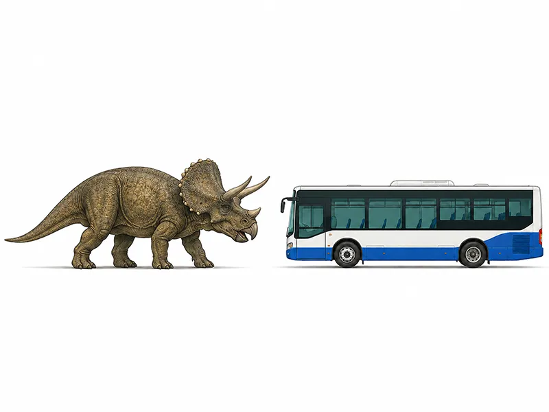 A size comparison infographic showing Triceratops beside a small bus