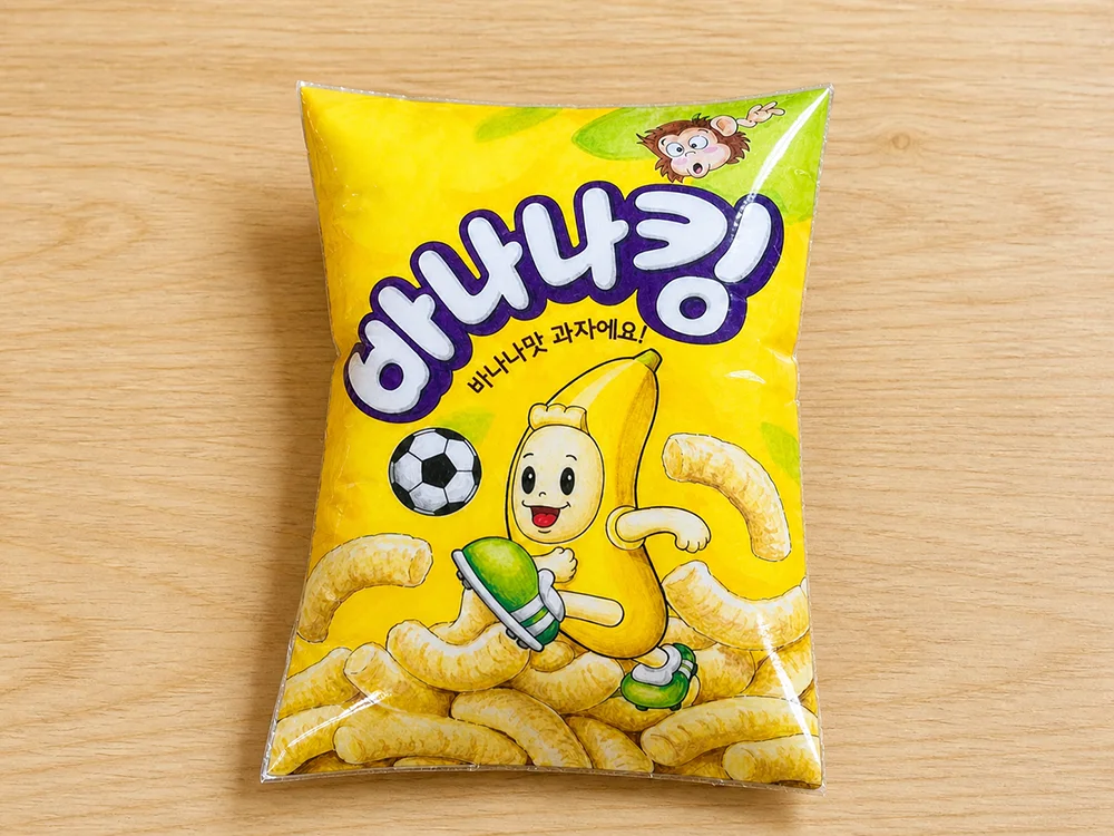 바나나킥 스타일 노란 바나나 과자 봉지 종이 스퀴시 완성 사진