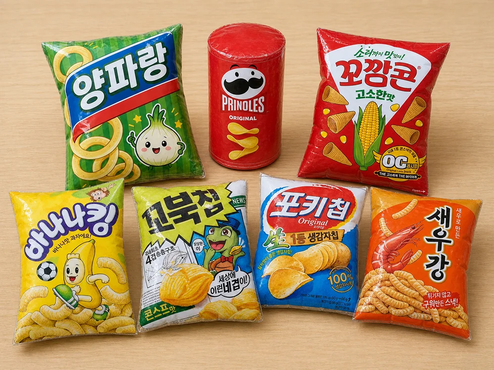 여러 가지 과자 종이 스퀴시가 함께 놓인 완성 사진.