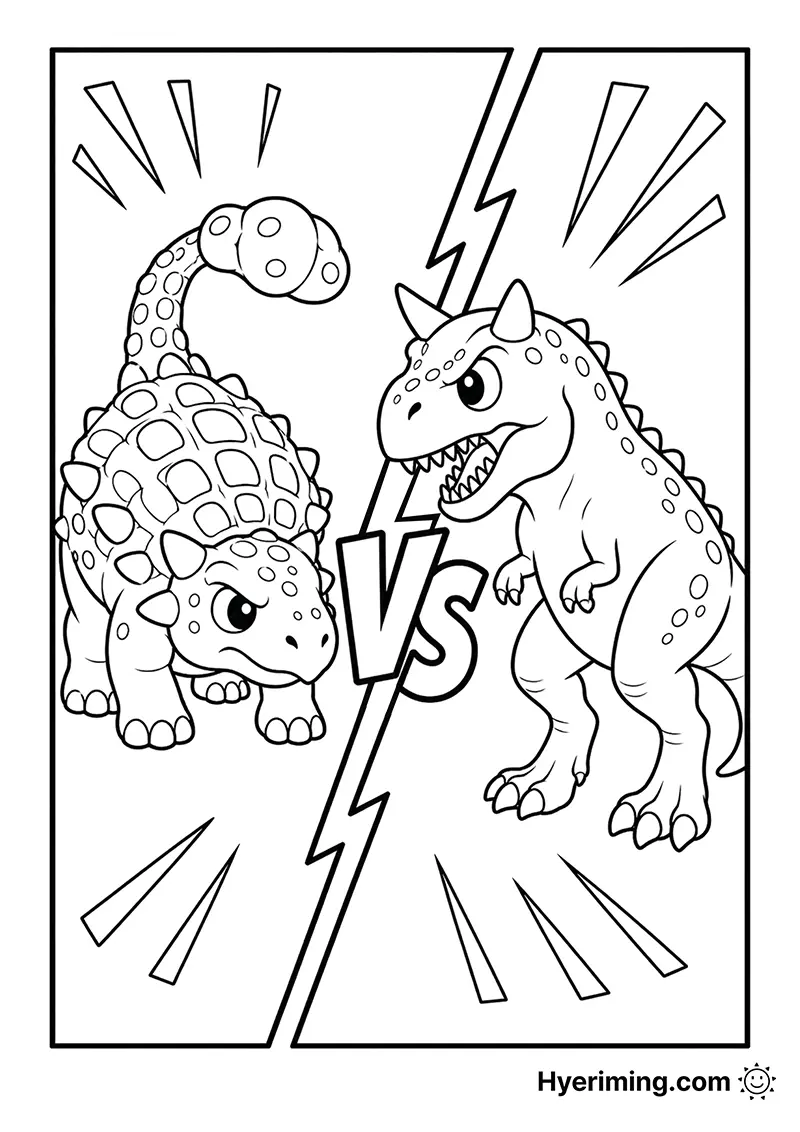 Ankylosaurus vs Carnotaurus coloring page free printable for kids