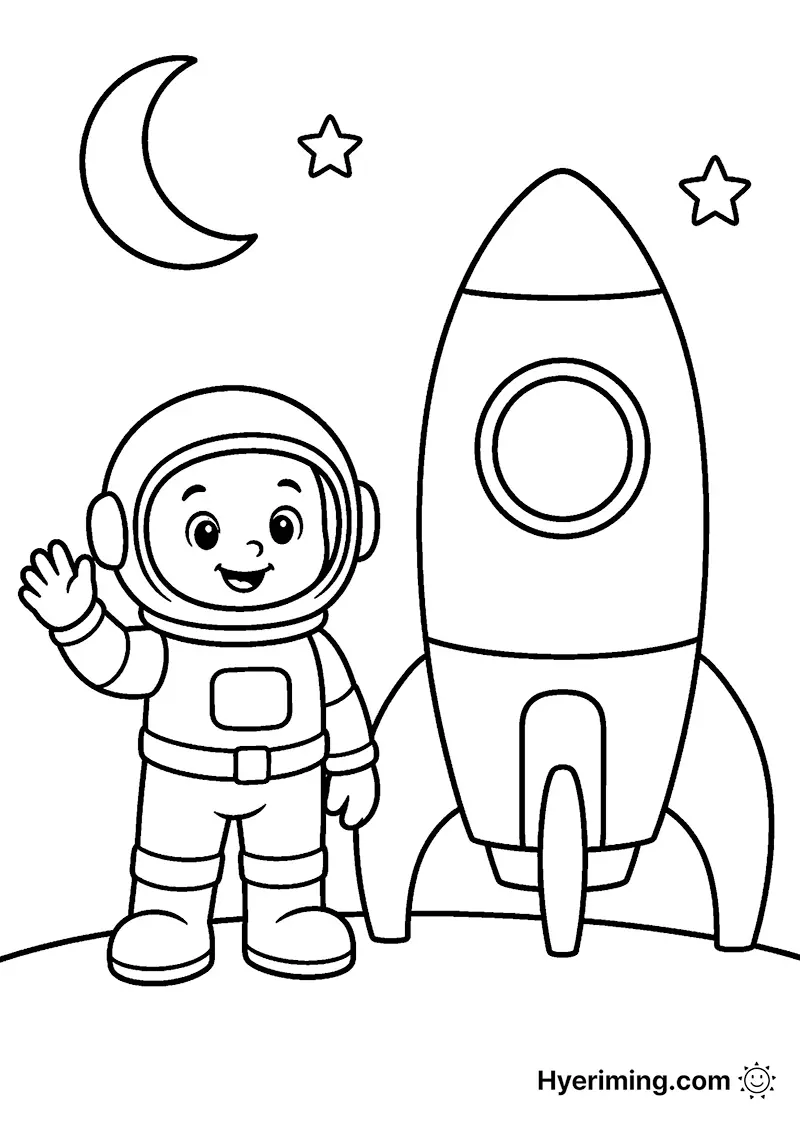 무료 색칠하기 도안 🚀 우주비행사와 로켓 색칠하기