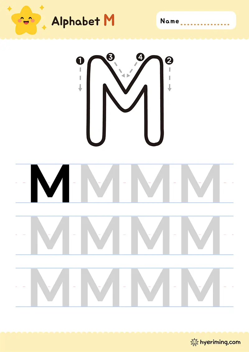Free printable uppercase M writing worksheet