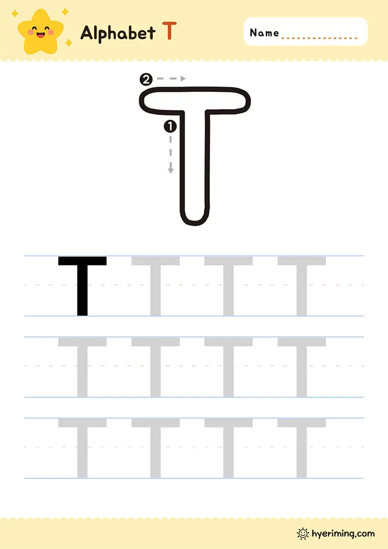 Free printable letter T writing worksheet