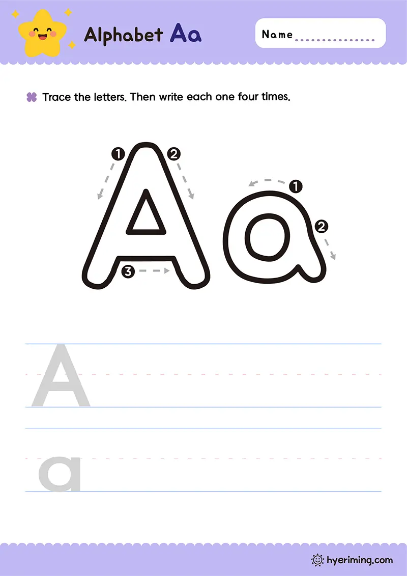 Free printable uppercase and lowercase Aa tracing worksheet