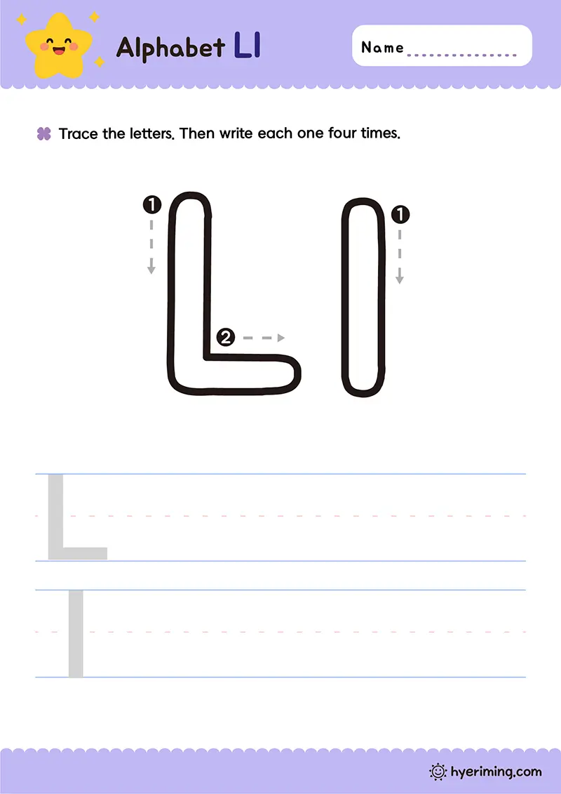 Printable uppercase and lowercase Ll handwriting worksheet