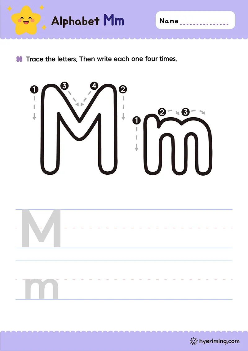Free printable uppercase and lowercase Mm tracing worksheet