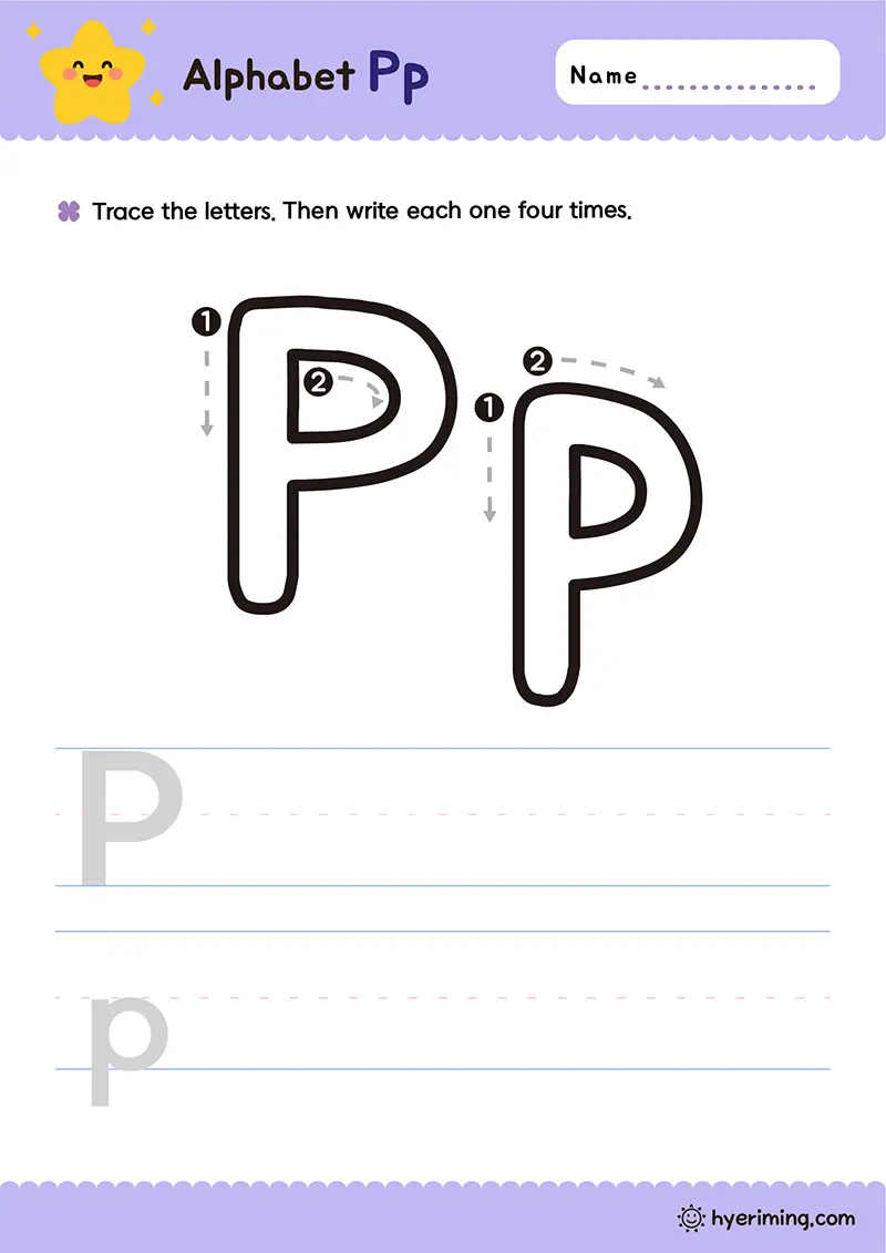 Printable uppercase and lowercase Pp handwriting worksheet