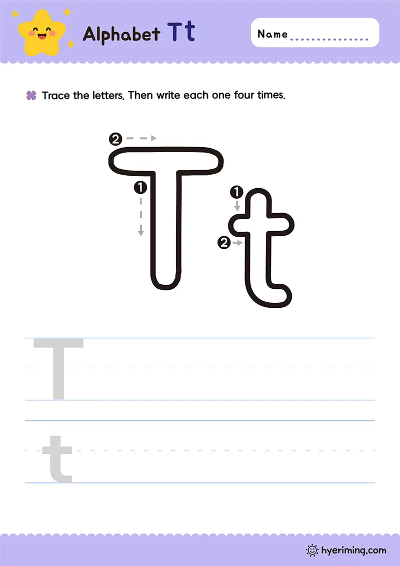 무료 프린트 활동지 ✏️ 대문자 T와 소문자 t 쓰기