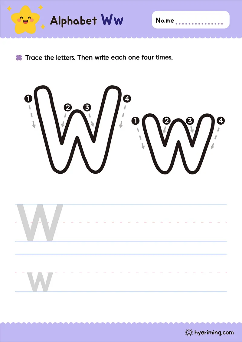 Free printable uppercase and lowercase Ww tracing worksheet