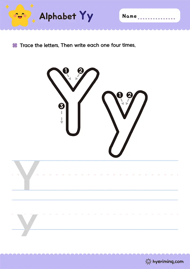 Free printable uppercase and lowercase Yy tracing worksheet