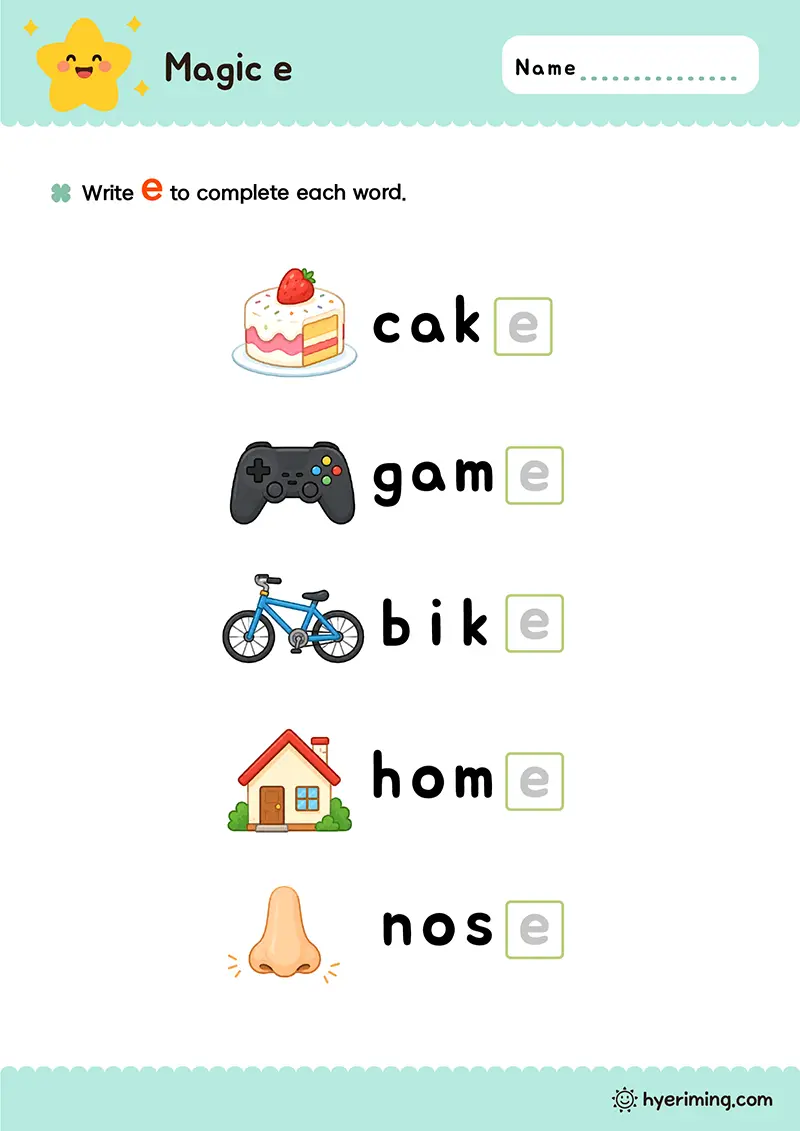 Printable Magic e word completion worksheet