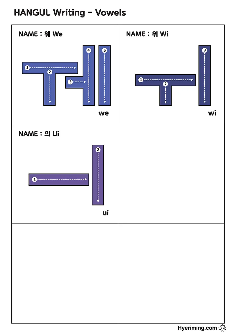 Free printable Hangul vowel names and sounds chart set 4
