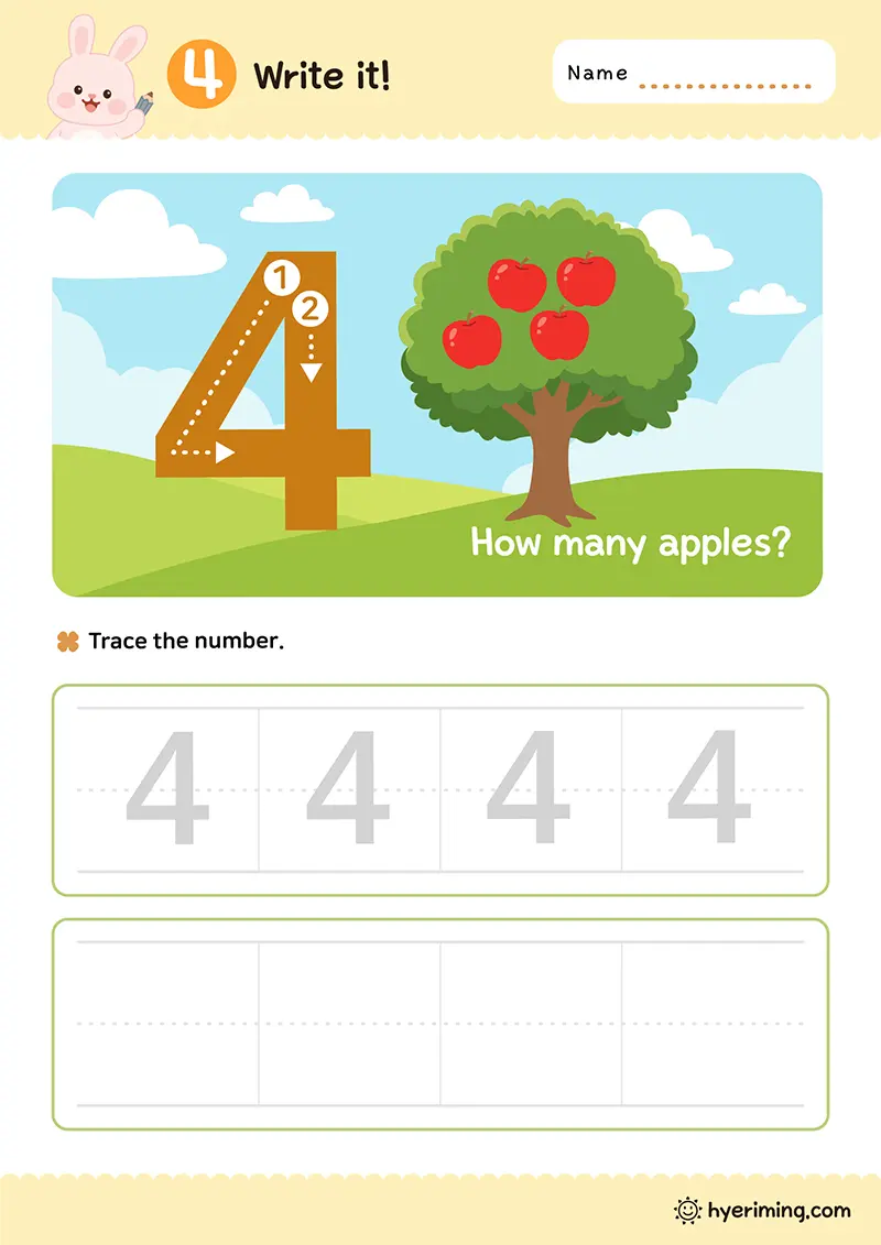 Free printable number 4 tracing worksheet