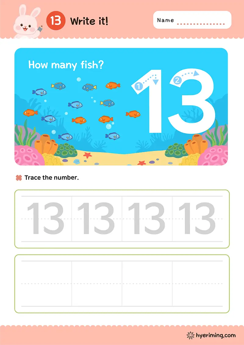 Free printable number 13 tracing worksheet