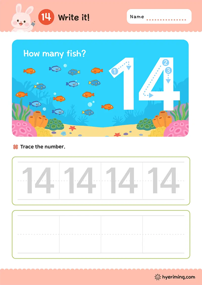 Free printable number 14 tracing worksheet