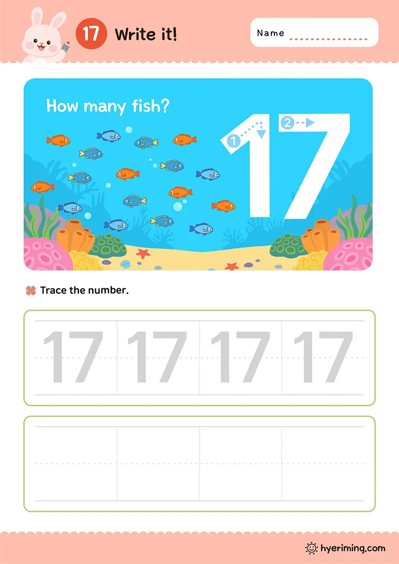 Free printable number 17 tracing worksheet