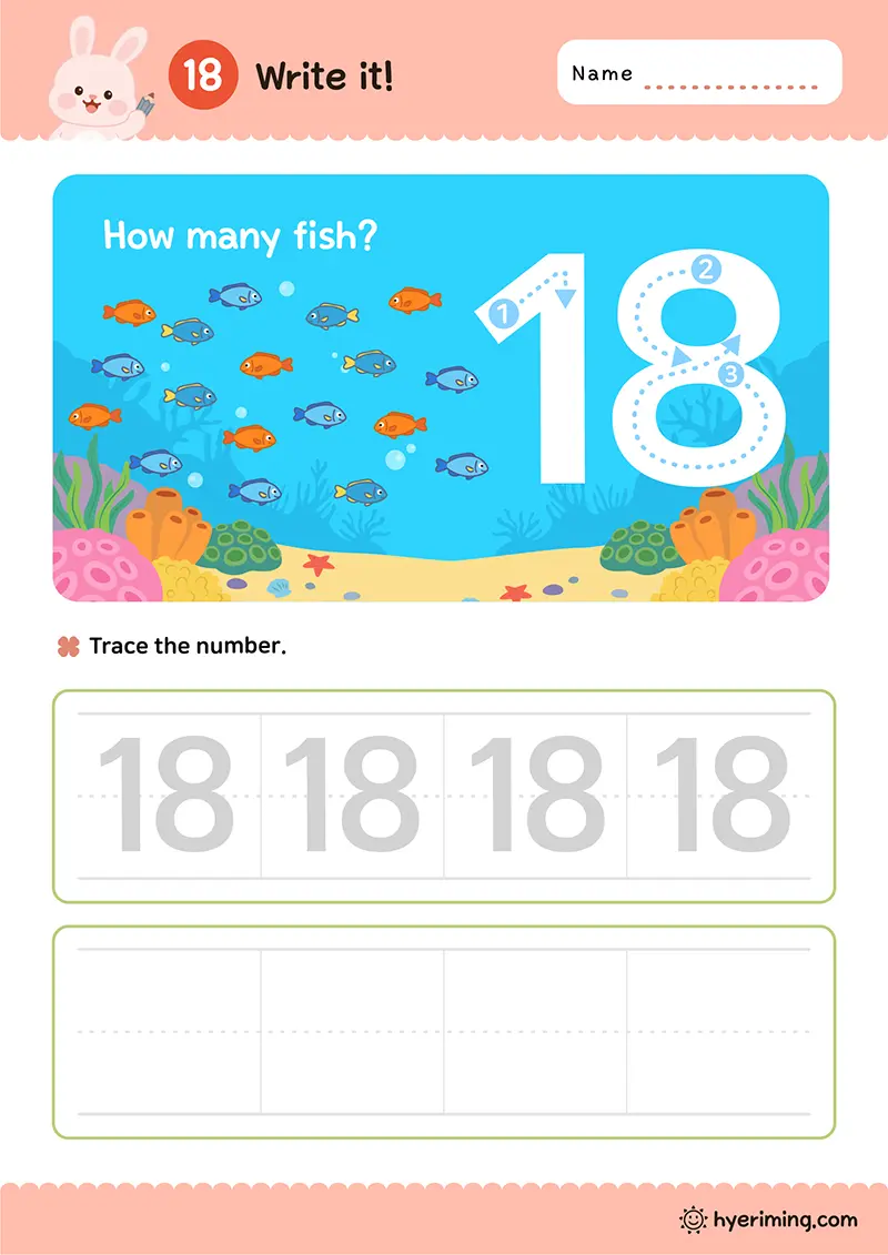 Free printable number 18 tracing worksheet