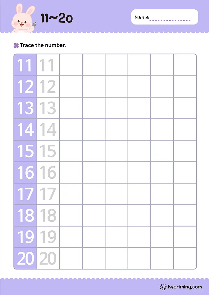 Free printable numbers 11 to 20 writing worksheet