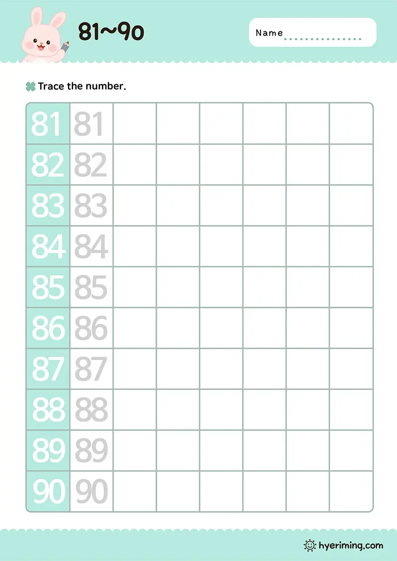 Free printable numbers 81 to 90 writing worksheet