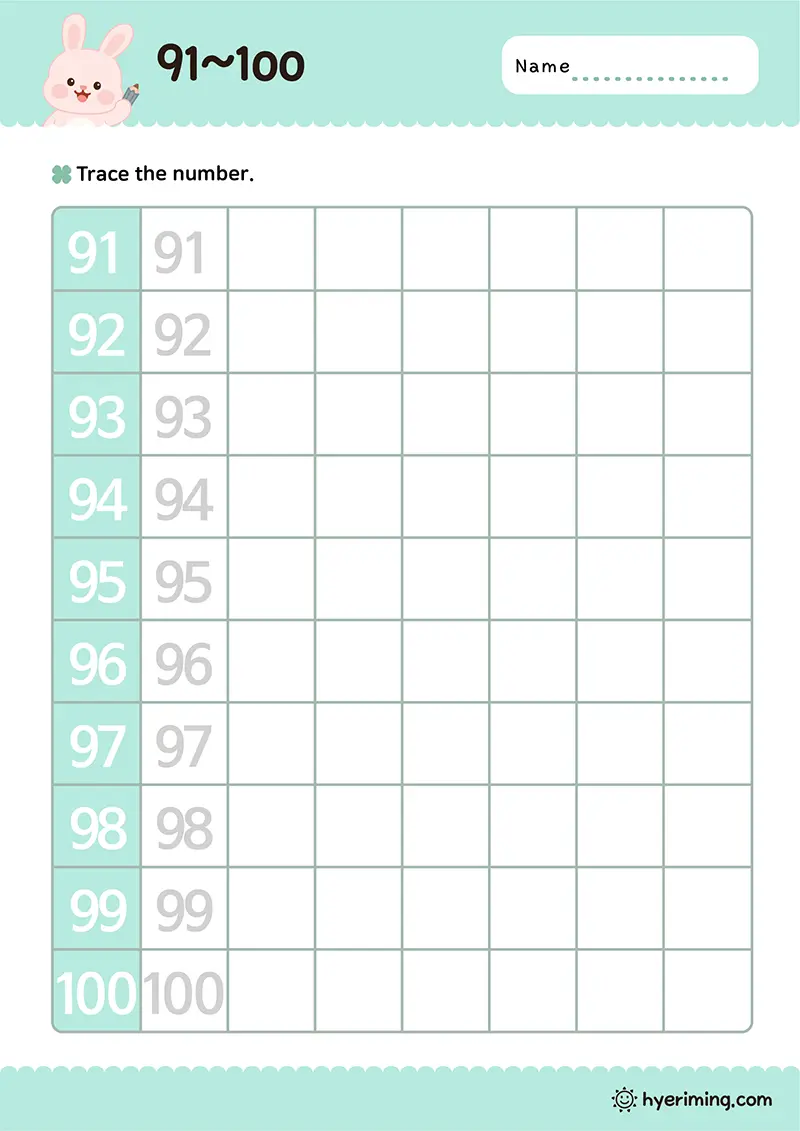 Free printable numbers 91 to 100 writing worksheet