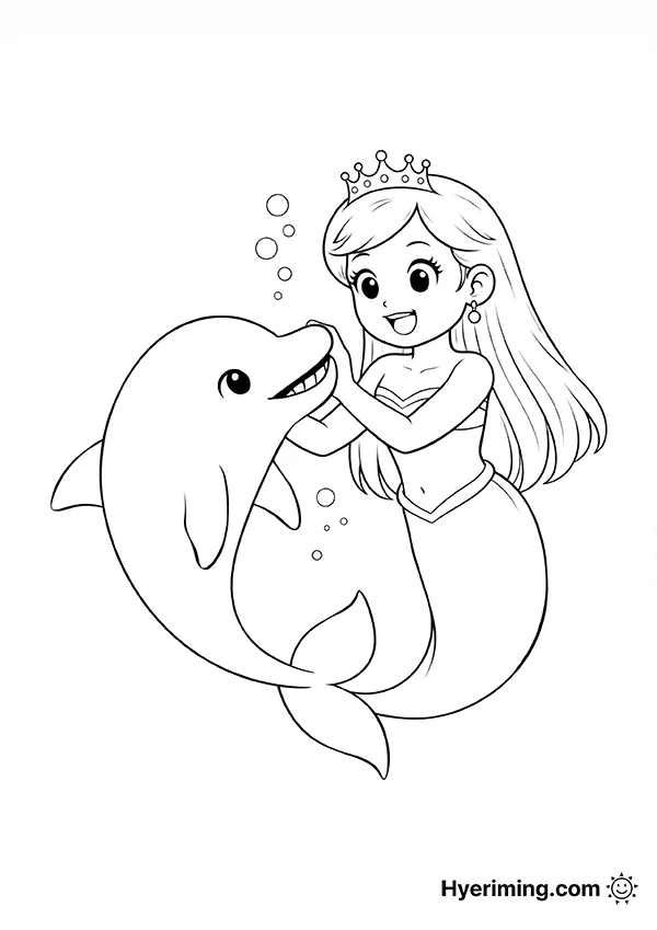 Mermaid Playing with Dolphin Coloring