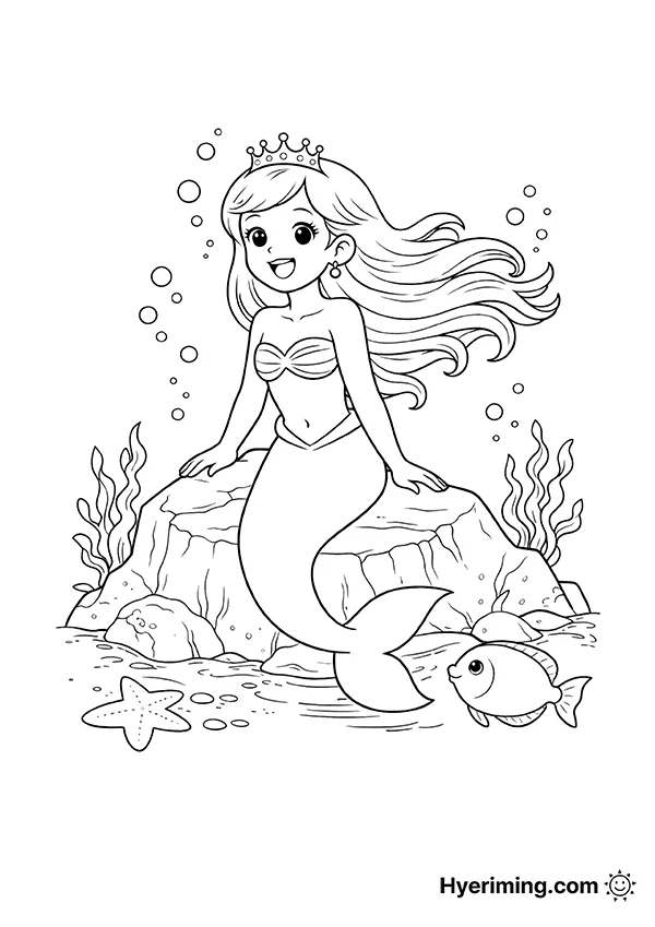 Mermaid Sitting on Rock Coloring