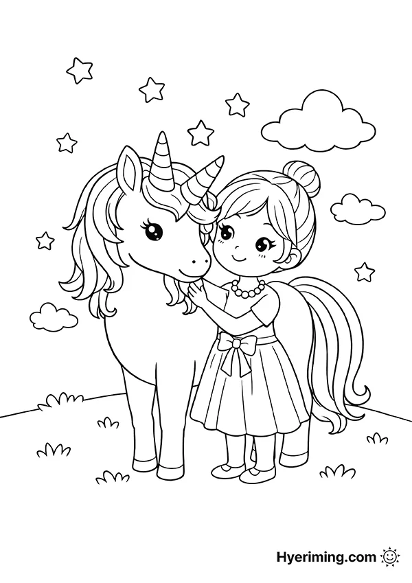 유니콘과 소녀 색칠공부 도안