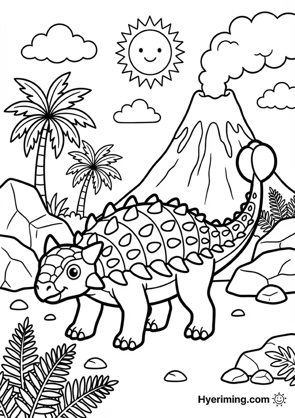 Ankylosaurus Volcano Scene Coloring Page
