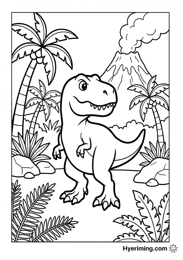 Tyrannosaurus Volcano Scene Coloring Page