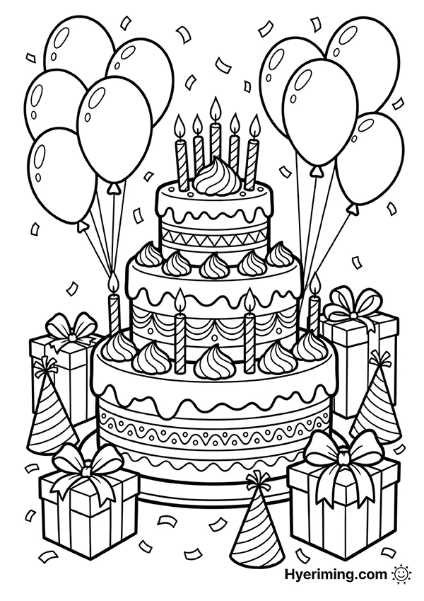 3단 생일 케이크 색칠공부 도안