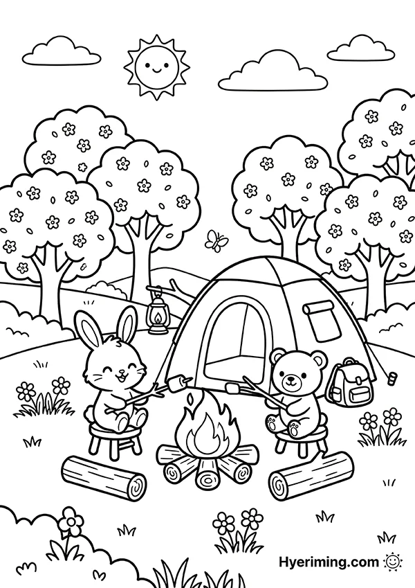 Animals Camping and Roasting Marshmallows Coloring