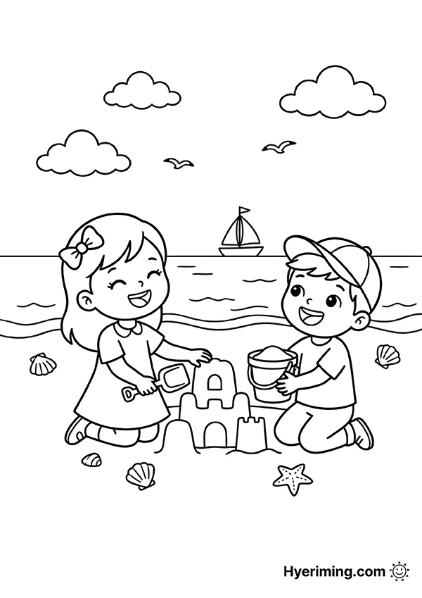 Building Sandcastles at the Beach Coloring Page