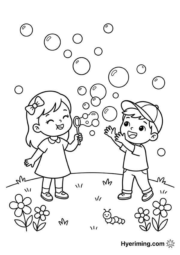 Kids Playing with Bubbles in the Park Coloring