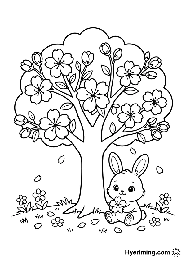 Cute Bunny Under the Cherry Blossom Tree Coloring