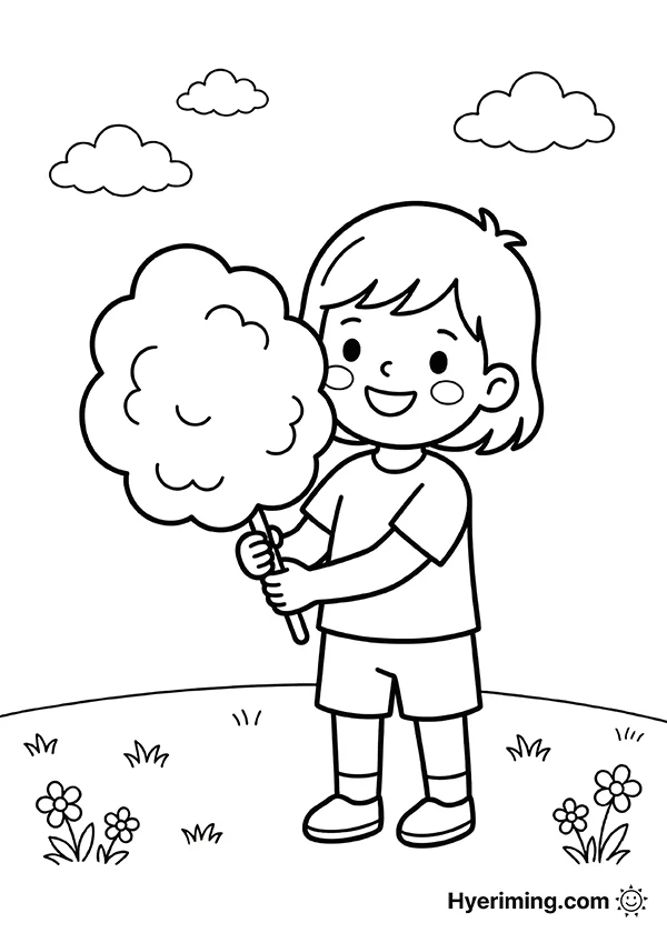 Kid Holding Big Cotton Candy Coloring Page