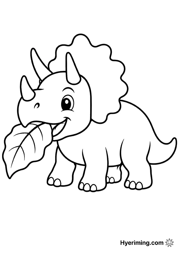 Printable Triceratops eating a leaf coloring page for kids