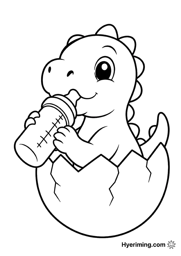 Baby dinosaur drinking milk coloring page free printable for kids