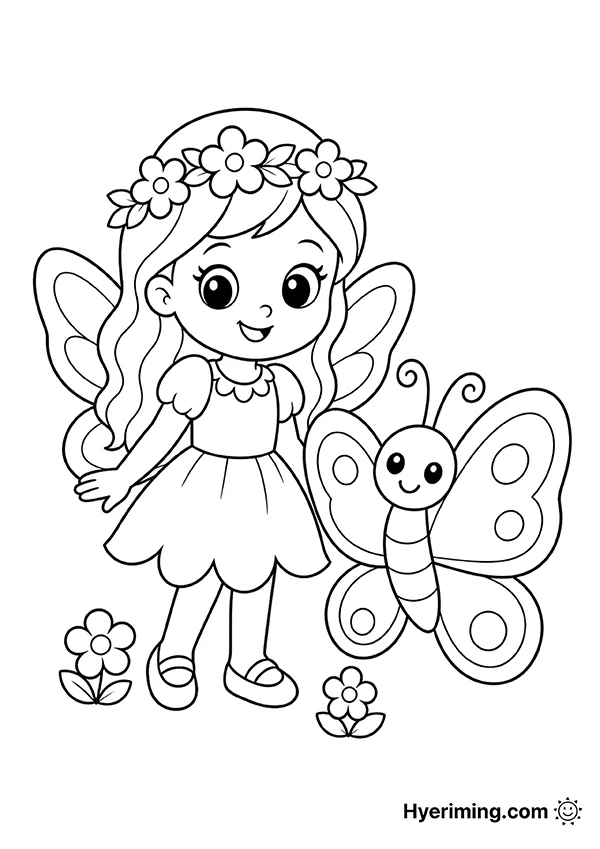 Fairy with butterfly coloring page printable for kids