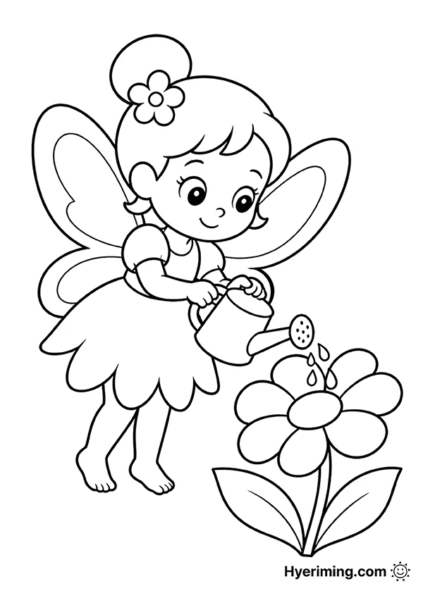 Flower watering fairy coloring page printable for kids