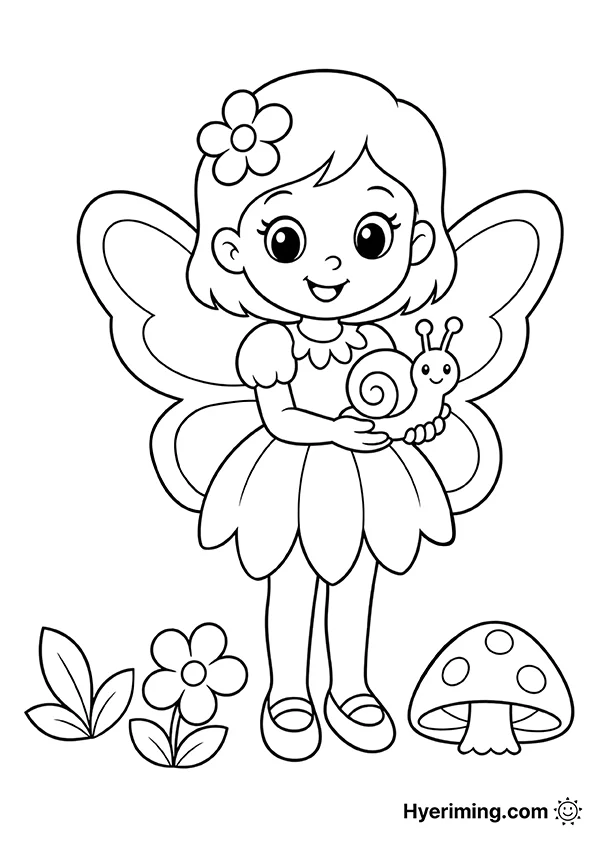 Fairy with snail coloring page printable for kids