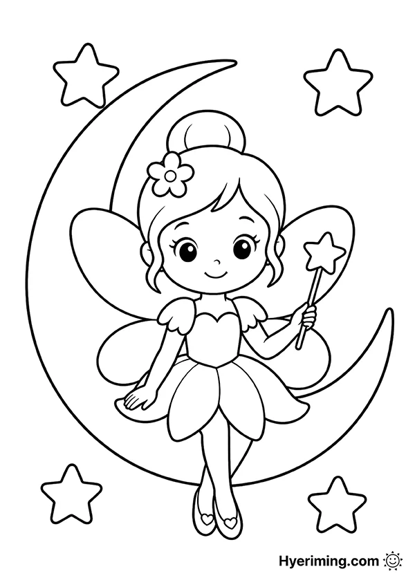 Moon and star fairy coloring page printable for kids